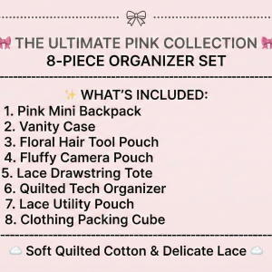 Ultimate Pink Coquette Travel Organizer Set - Kawaii Lace & Quilted Packing Cubes